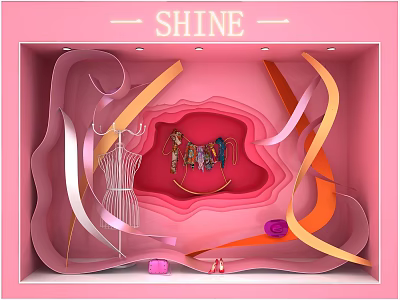 Shine Themed Pink Shop Window Display With Decorative Ribbons And Clothing Elements 3d model