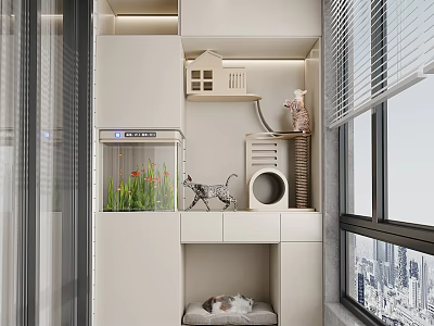 Beige Pet Area With Cat Bed Tree Fish Tank And Window City View 3d model