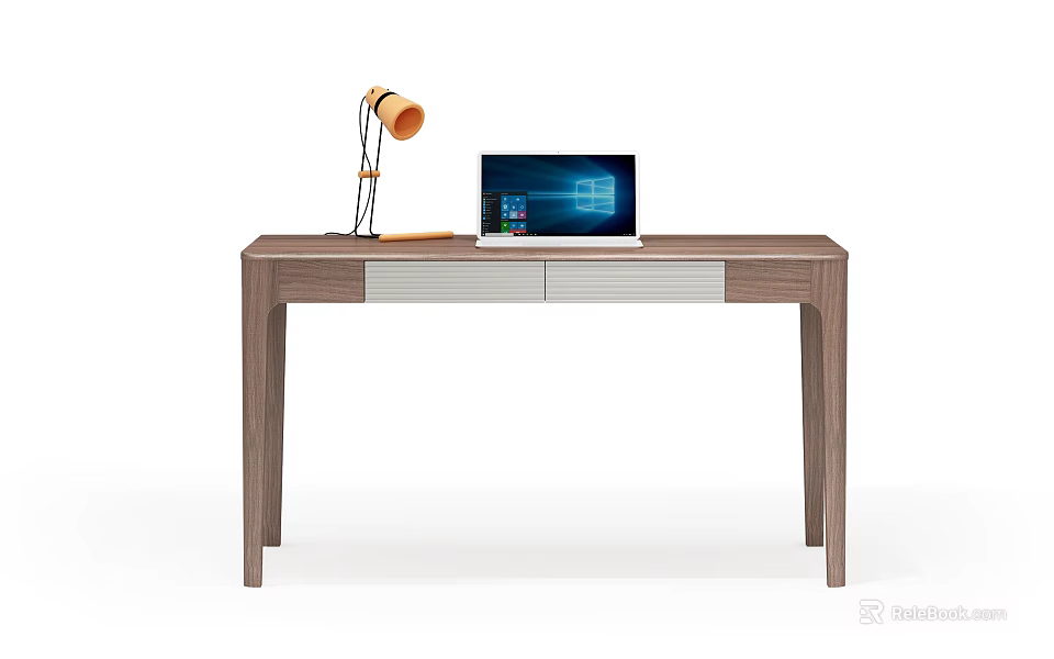 Wooden Desk with White Drawer Laptop and Orange Table Lamp Modern Home Office 3d model 
