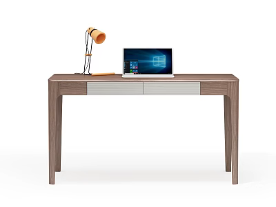 Wooden Desk with White Drawer Laptop and Orange Table Lamp Modern Home Office 3d model