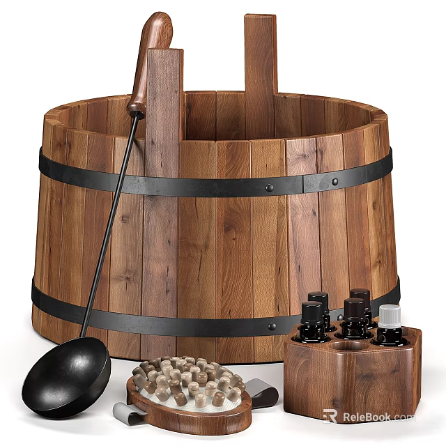 Traditional Wooden Bathtub With Metal Hoops Ladle And Spa Bottles 3d model 