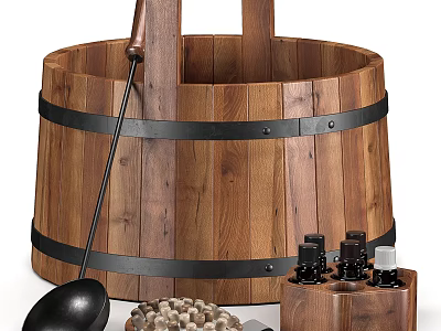 Traditional Wooden Bathtub With Metal Hoops Ladle And Spa Bottles 3d model