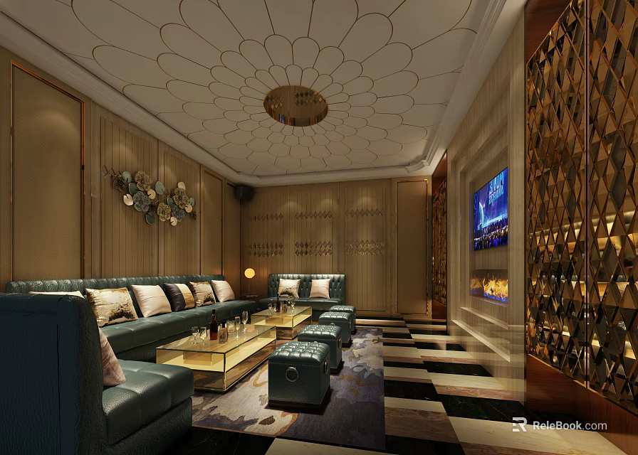 Luxury KTV Interior Design With Elegant Ceiling Pattern Comfortable Sofas And Large TV 3d model