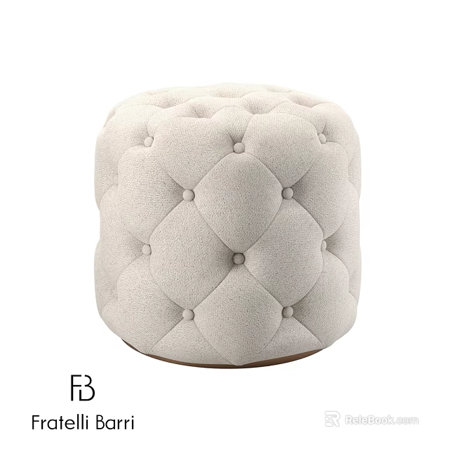 Round Beige Upholstered Ottoman With Tufted Diamond Buttons And Wooden Base 3d model 