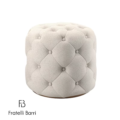 Round Beige Upholstered Ottoman With Tufted Diamond Buttons And Wooden Base 3d model