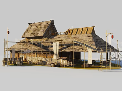 Traditional Building With Multiple Wooden Roofs Under Construction Scaffolding And Flags 3d model