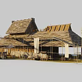 Traditional Building With Multiple Wooden Roofs Under Construction Scaffolding And Flags 3d model