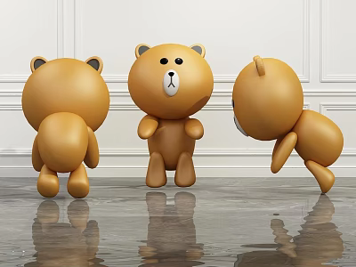 Cute Brown Bear Plush Toys in Different Poses Standing Against White Wall and Gray Floor 3d model