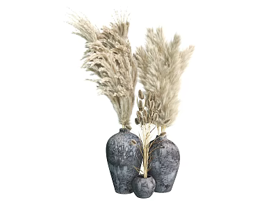 Dark Textured Ceramic Vases With Pampas Grass Dried Flowers Decoration 3d model