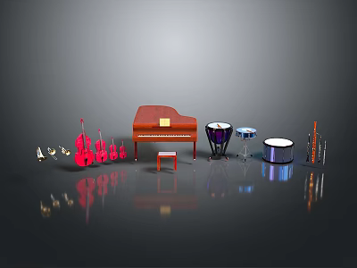 Assorted Musical Instruments Including Piano Drums Violin Trumpets And Reflections 3d model