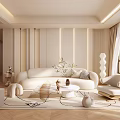 Modern Living Room Interior With Beige Walls Large Windows White Curtains TV Fireplace And Sofa