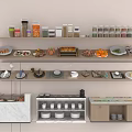 Organized Kitchen Food Storage With Shelves Jars Dishes Drawers And Various Food Items