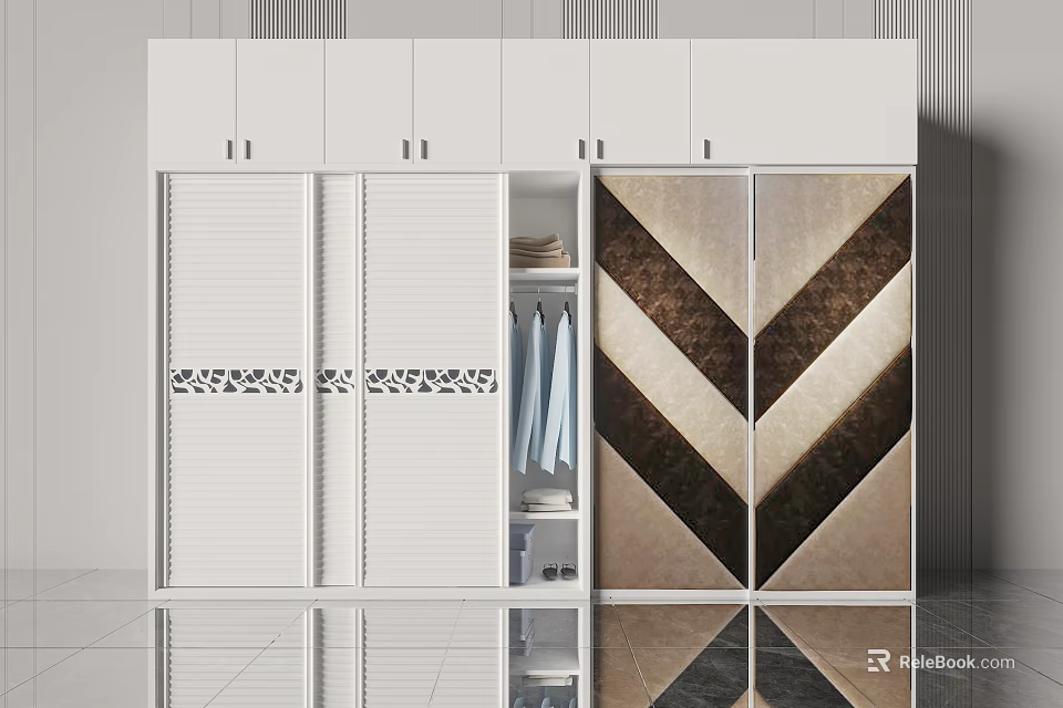 Modern Wardrobe With Sliding Doors White Frame Brown Beige Chevron Pattern And Storage Compartments 3d model 