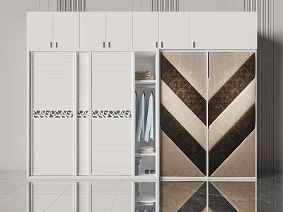Modern Wardrobe With Sliding Doors White Frame Brown Beige Chevron Pattern And Storage Compartments 3d model