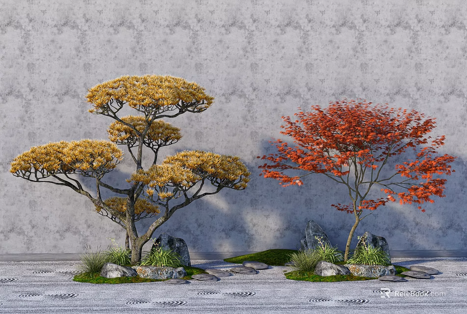 Two Trees With Yellow And Red Leaves Surrounded By Stones Green Grass Against Gray Wall 3d model 