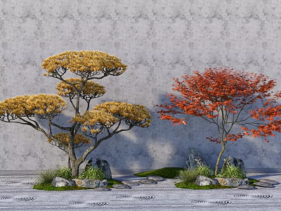 Two Trees With Yellow And Red Leaves Surrounded By Stones Green Grass Against Gray Wall 3d model