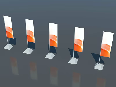 Multiple Roll Up Banners With Orange Design And White Stands On Gray Background 3d model