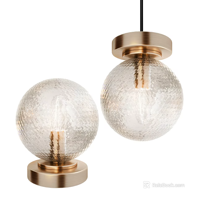 Spherical Textured Glass Pendant Lights With Brass Base And Illuminated Bulb Design 3d model 