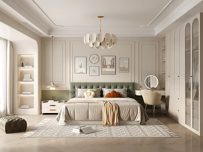 Elegant Bedroom Interior With Green Upholstered Bed Pillows Rug Dresser And Chandelier 3d model