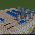 Industrial Factory Building With Multiple Silver Silos And Blue Roofs On Paved Ground Area