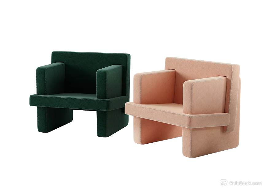 Two Green And Pink Modern Minimalist Single Sofas With Simple Design 3d model 