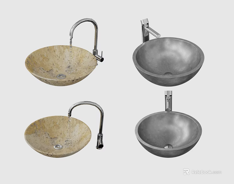 Four Stone Washbasins with Different Materials Beige Gray Countertop Design and Faucets 3d model 