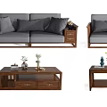 Modern Wooden Sofa And Coffee Table Set With Gray Cushions And Decorative Side Tables 3d model