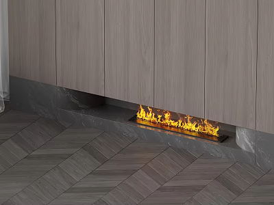 Modern Built in Fireplace Design With Flames And Herringbone Wooden Floor 3d model