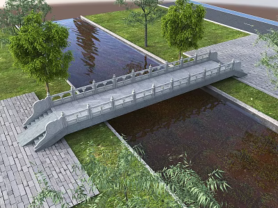 Scenic Stone Bridge Design With Railings Water Channel Green Grass And Trees 3d model