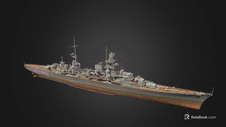 Detailed Large Warship 3D Model With Turrets Superstructure Gray Hull Red Bottom 3d model 