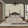 Cozy Bedroom With Ceiling Fan Tall Headboard Beige Bedspread Nightstands Wall Lamps And Large Window