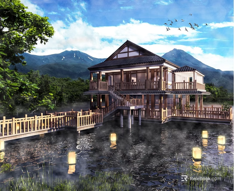 Traditional Lakeside Boutique Guesthouse Building With Mountain Views And Wooden Walkway Lanterns 3d model 