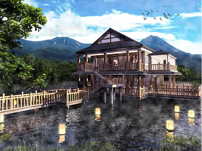 Traditional Lakeside Boutique Guesthouse Building With Mountain Views And Wooden Walkway Lanterns 3d model