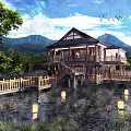 Traditional Lakeside Boutique Guesthouse Building With Mountain Views And Wooden Walkway Lanterns