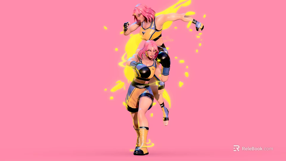 Pink Haired Women In Dynamic Pose With Yellow Black Outfits Pink Background And Yellow Splatter 3d model 