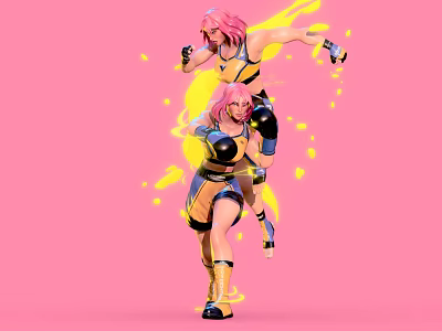 Pink Haired Women In Dynamic Pose With Yellow Black Outfits Pink Background And Yellow Splatter 3d model