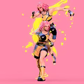 Pink Haired Women In Dynamic Pose With Yellow Black Outfits Pink Background And Yellow Splatter