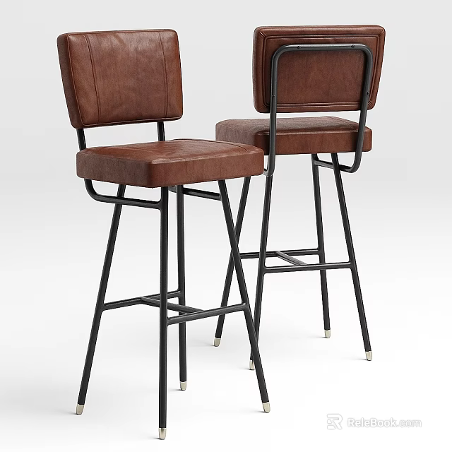Modern Brown Leather Bar Stools With Black Metal Frames For Kitchen Island Use 3d model