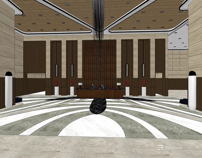 Elegant Hotel Lobby Design With Brown Wooden Walls Reception Desk And Marble Floor Patterns 3d model 