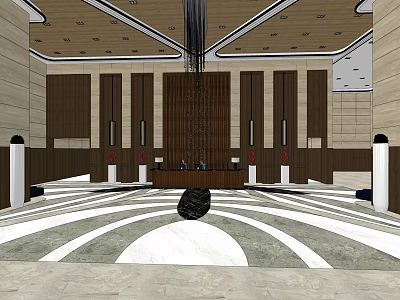 Elegant Hotel Lobby Design With Brown Wooden Walls Reception Desk And Marble Floor Patterns 3d model
