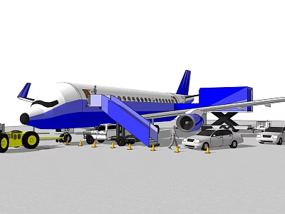 Blue White Airplane On Airport Tarmac With Boarding Stairs And Vehicles 3d model