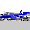 Blue White Airplane On Airport Tarmac With Boarding Stairs And Vehicles