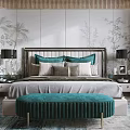 Elegant Modern Bedroom Interior With Green Velvet Bench Palm Tree Wall Decor And Bedside Lamps