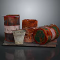 Rusty Oil Barrels And Metal Bucket As Improvised Weapon Display On Wooden Plank