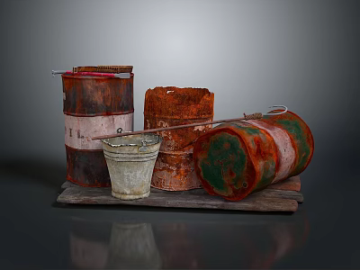 Rusty Oil Barrels And Metal Bucket As Improvised Weapon Display On Wooden Plank 3d model