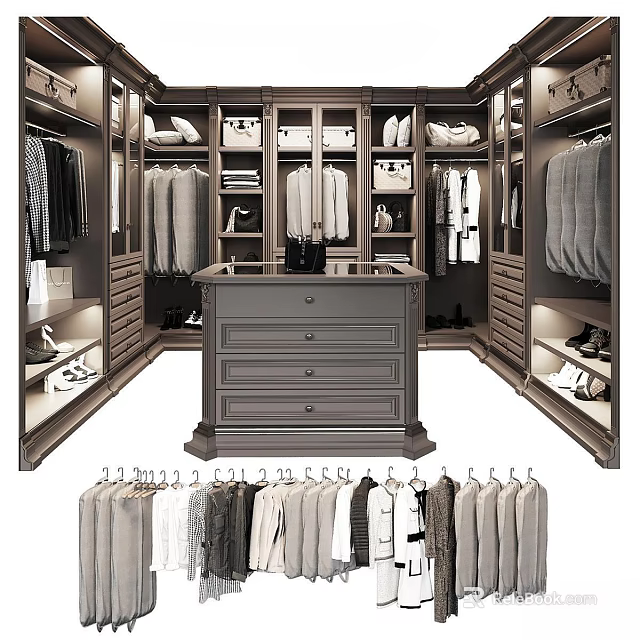 Spacious Walk in Closet Interior With Central Drawer Chest Hanging Rods Shelves And Shoes Storage 3d model 