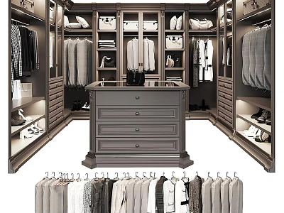 Spacious Walk in Closet Interior With Central Drawer Chest Hanging Rods Shelves And Shoes Storage 3d model