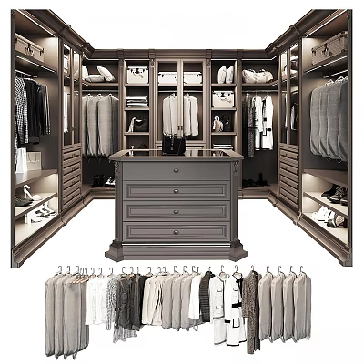 Spacious Walk in Closet Interior With Central Drawer Chest Hanging Rods Shelves And Shoes Storage 3d model