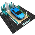 Blue New Energy Vehicle Display with Green Signage and Person at Exhibition Platform