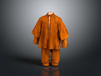 Traditional Orange Cotton Clothing Set With Long Sleeves Pants And Button Details 3d model